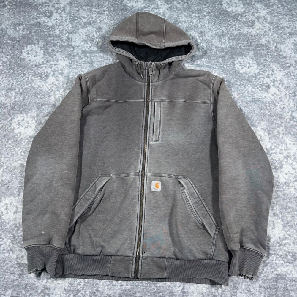 Carhartt 103312 Hooded Jacket Mens M Gray Distressed Quilted Lined Workwear